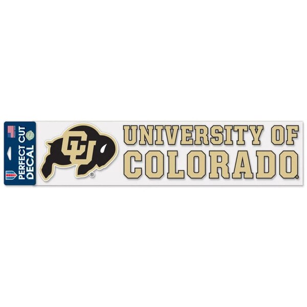 CU Boulder die-cut decal featuring black and gold buffalo logo and “University of Colorado” text in gold with black outline, size 16 x 3.5 inches.